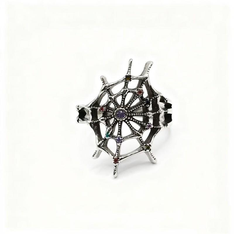 Adjustable Gothic Vintage Spiderweb Ring With Black Purple Crystal Inlay Women Men