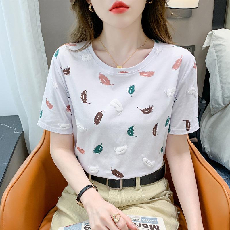 

JKASHDK Женские модные повседневные летние весенние блузки и рубашки с короткими рукавами и круглым вырезом с принтом перьев XXL белый