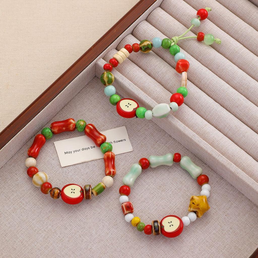 Sweet Women's Ceramic Bracelet with Beads and Apple Core Pendant Trendy Gift Unique Design Versatile Accessory