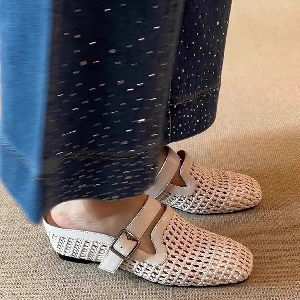 Women's Fashion Hollow Woven Slope Heel Muller Shoes Belt Buckle Design Breathable Half Slippers Comfortable Sandals