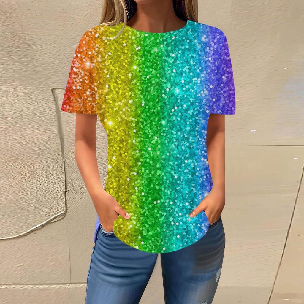 Summer Round Neck 3D Gradient Glitter Print Top Fashionable Casual Short Sleeved Women's T-shirts