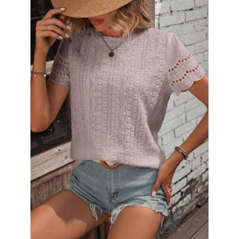 DAFIFY Women's Fashion Casual Summer Spring Solid Color Print Short Sleeve O-Neck Blouses & Shirts