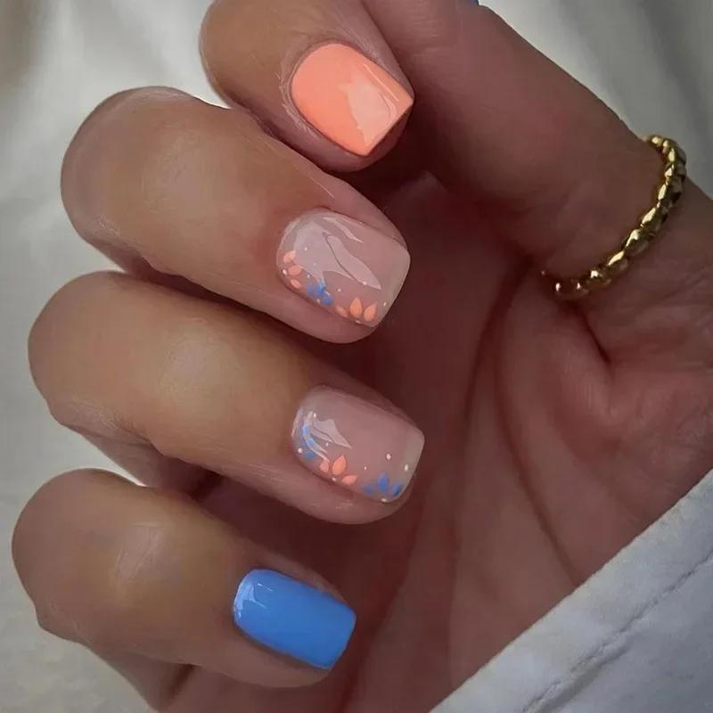 24Pcs Simple Square False Nails Short French Fake Nails Press On Colorful Flowers Design Full Cover Nail Tips Manicure Tools
