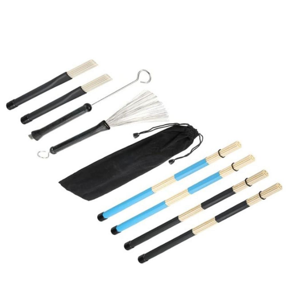 Chandini 9-Piece Drumstick and Brush Set for Jazz, Brush, and Slide Playing, Includes Bamboo Rod, Wire, and Nylon Drums, and Storage Bag