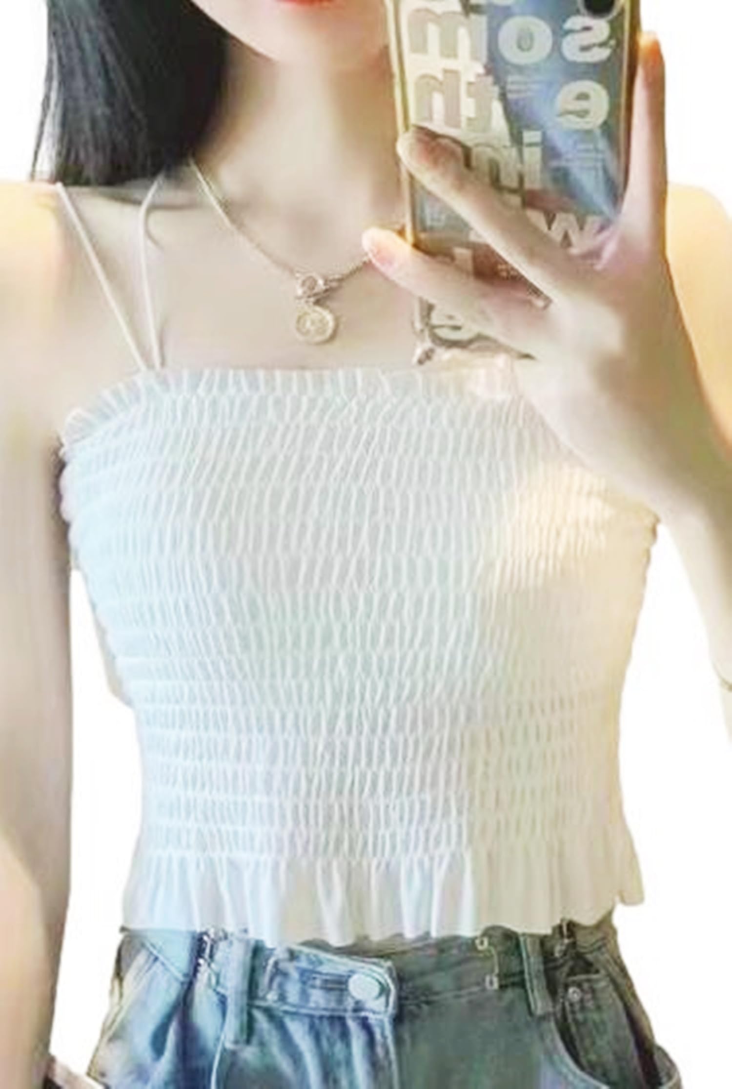 

Shirred Camisole Bra Top with Pads for a Short Summer Style a-fua Women s Flattering, Length, (White) белый