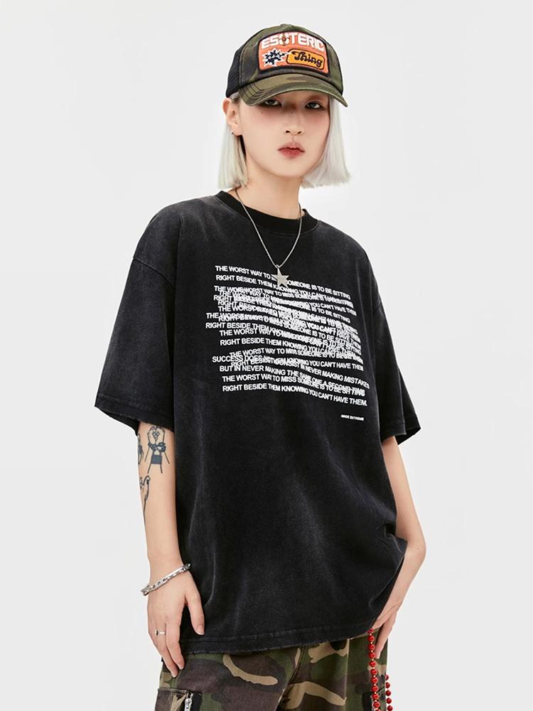 Washed Black Men TShirt Oversized Streetwear Grunge Letter Kpop Cotton Short Sleeve Tee Top Korean Fashion Vintage Y2k Clothing