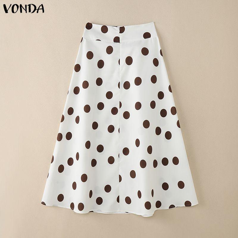 VONDA Women Zip-up Waist Casual Polka Dots Print Swing Pleated Skirts