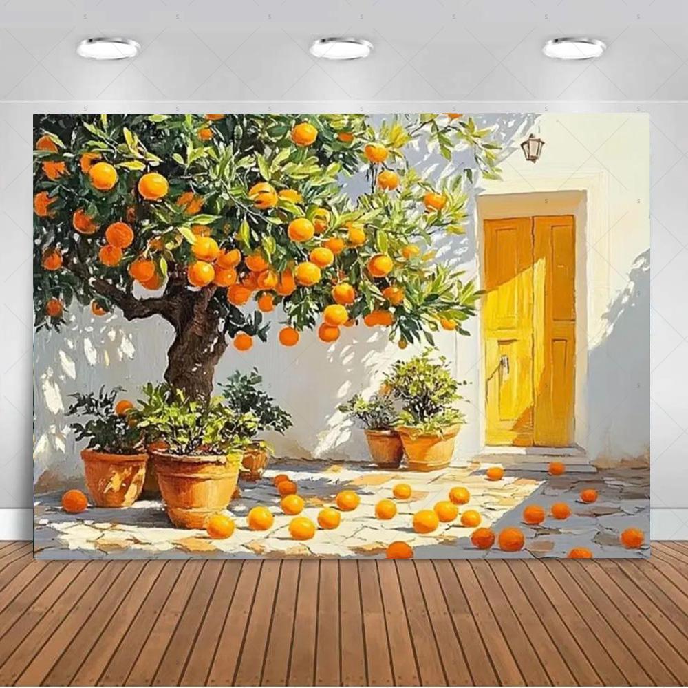 Seaside Town Lemon Tree Background Banner Open Window Landscape Backdrop Supplies Photography Prop Birthday Party Decorations