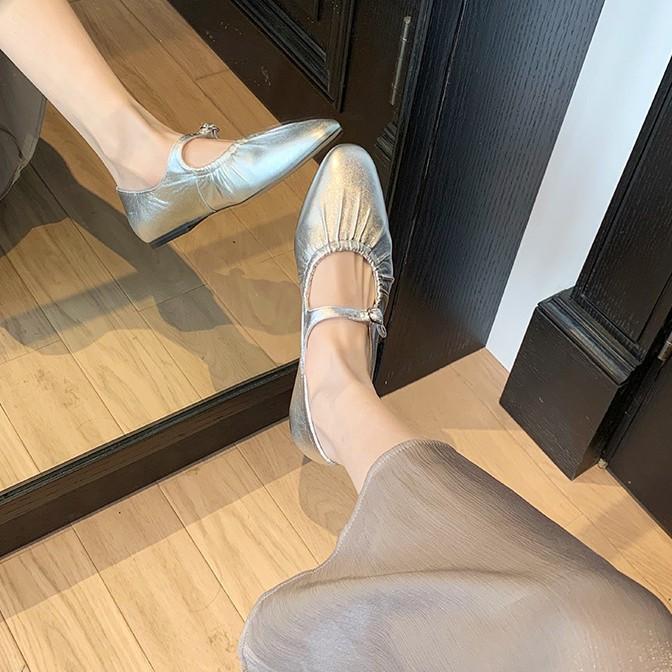Cowhide version~ leather pleated flat-soled retro grandma shoes soft-soled silver Mary Jane shoes women's single shoes ballet shoes