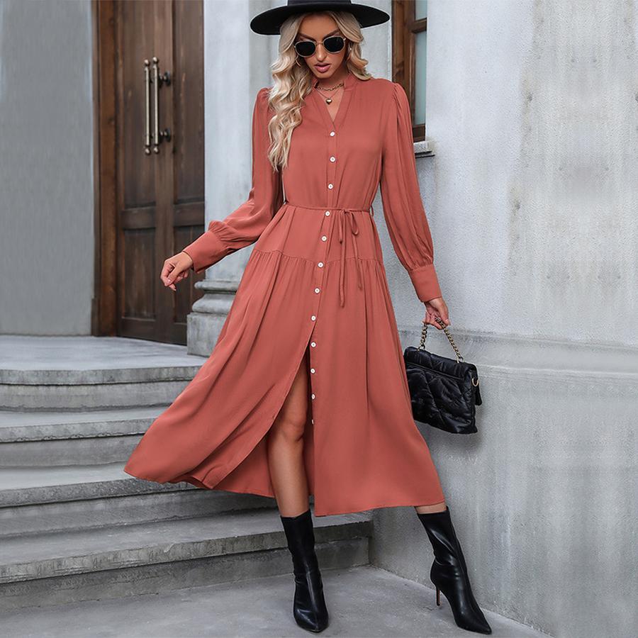 Spring Outwear Vintage Elegant Long Sleeve Solid Color Versatile Dress