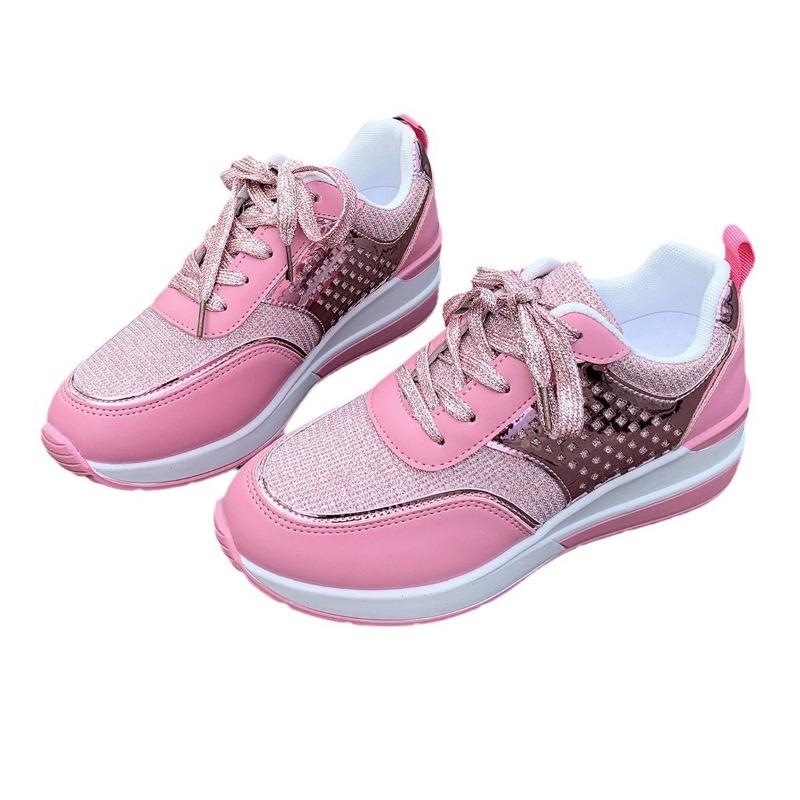 Women's slope heel platform sneakers large size breathable sequins round head lace-up spring and autumn new casual sneakers