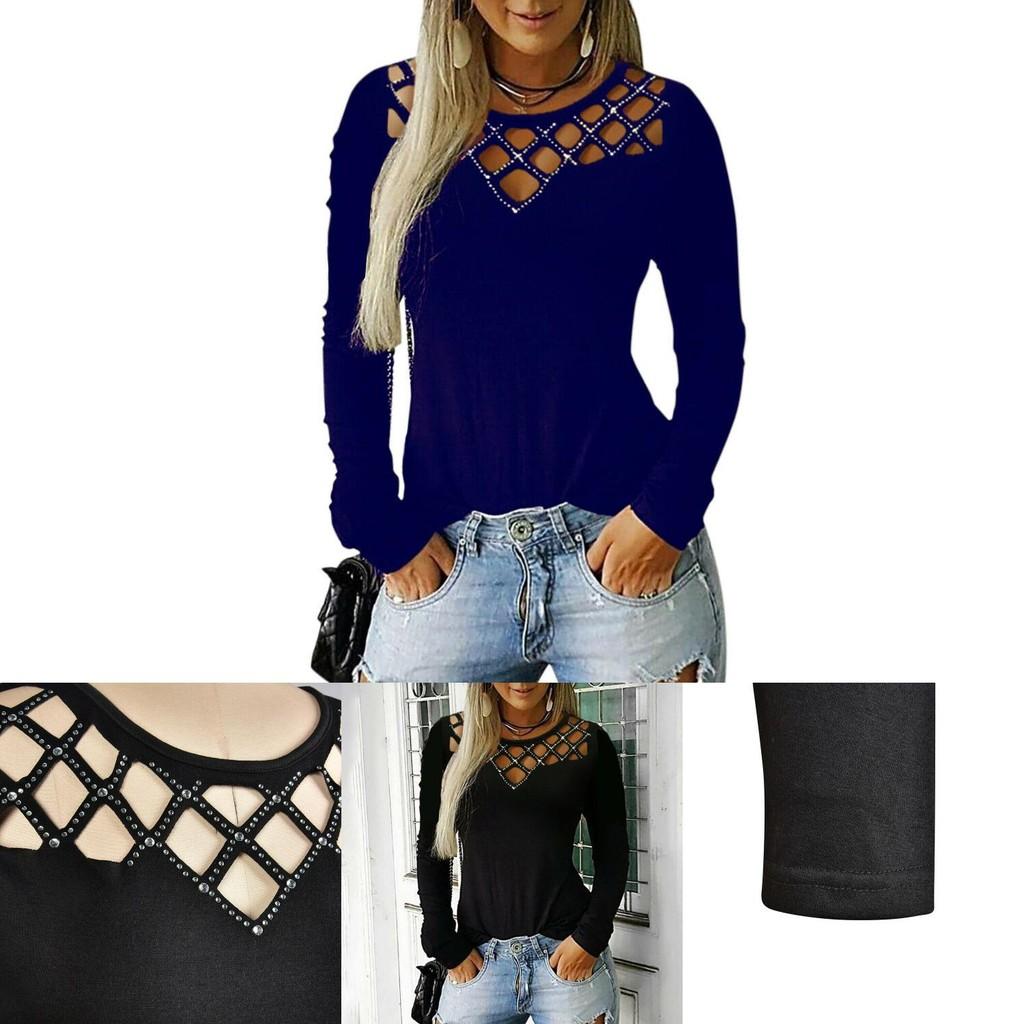 Stylish Women's Hollow Long Sleeve T-shirt For Casual Chic V-neck Pullover Top