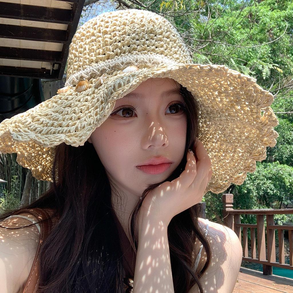 Women'S Ethnic Style Woven Straw Sun Hat Large Brim Summer Beach Shade And Sun Protection Hat For