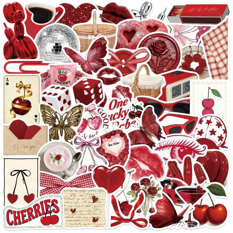 50Pcs Y2K Aesthetic Cherry Stickers Laptop Guitar Suitcase Journal Phone Case Diary Notebook Doodle Decals Decor Gift