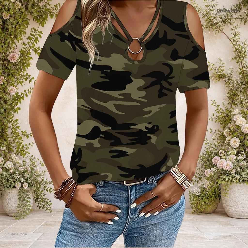 Women Plus Size Keyhole Ring Neck Cold Shoulder Short Sleeve T Shirt Skull Rose Printed Cyan Black