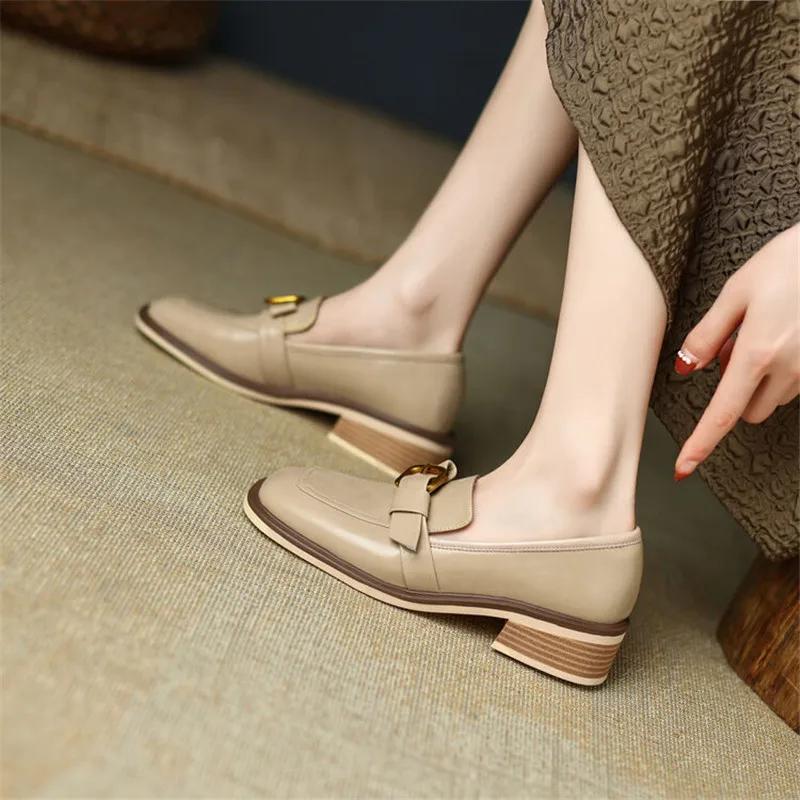 Fashion New Autumn Winter Split Leather Women Pumps Shoes for Women French Square Toe Loafers Zapatos Mujer Chunky Heels Ladies Shoes