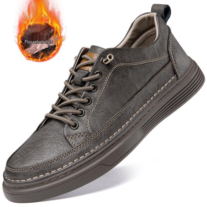 Round-Toe Cowhide Men s Casual Lace-Up Perforated Leather Loafers with Height-Increasing Flat Bottom