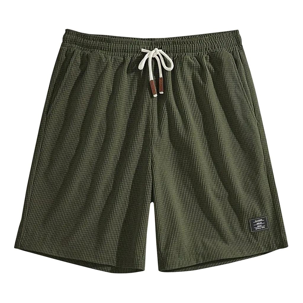 Men Knit Shorts Elastic Waistband Drawstring Adjustable Fit Relaxed Fit Patchwork Breathable Material