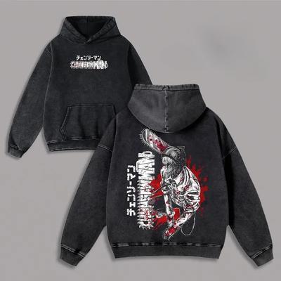 Manga Chainsaw Man Denji Pochita Printed Hooded Men Women Washed Cotton Hoodies Retro Streetwear Harajuku Oversized Sweatshirt