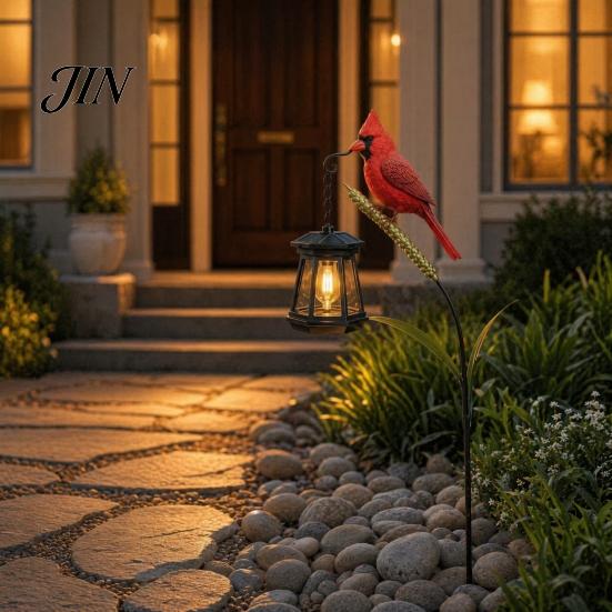 Tealight Candle Holder Outdoor Metal Red Bird Garden Stake Lamp, Vintage Lantern for Cemetery Yard Patio, Hollow For Candles Rustic Ornament,