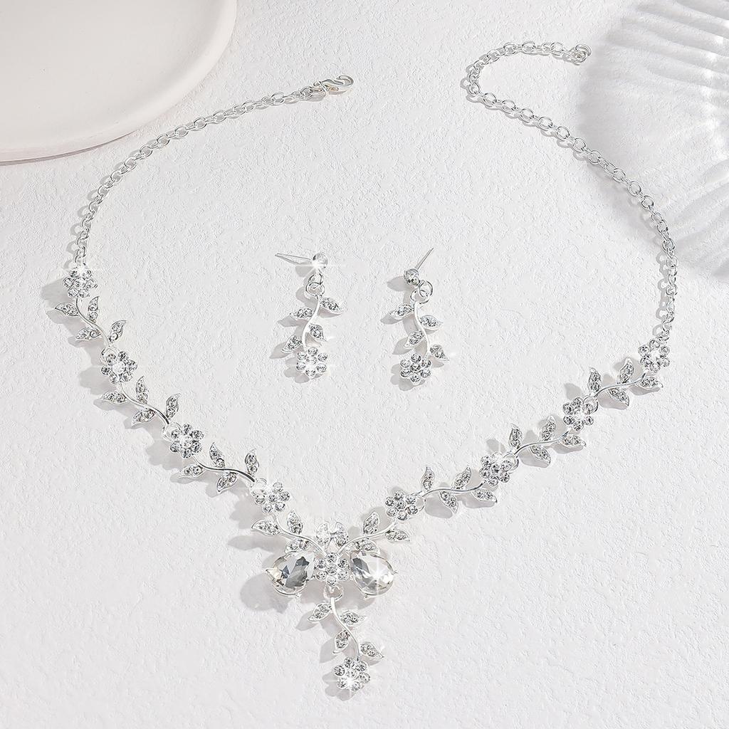 3PC Women's Fashion Waterdrop Leaf Necklace Earrings Zircon Set Suitable for Wedding, Party, Festival Gifts-8306
