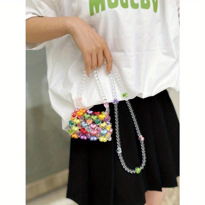Mini Heart-Shaped Bead Square Bag With Color Matching Fashion, 1 Fashionable Colorful Heart-Shaped Bead Square Bag, DIY Hand Woven Bead