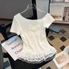 Korean version of high-end design diagonal neck off-the-shoulder short-sleeved summer new wear with splicing lace lace slim top