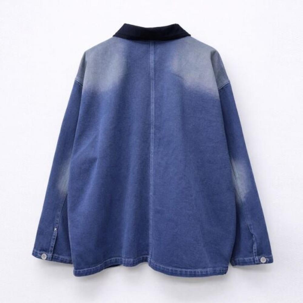Mizqz Loose Fit Denim Jacket With Corduroy Collar And Pocket