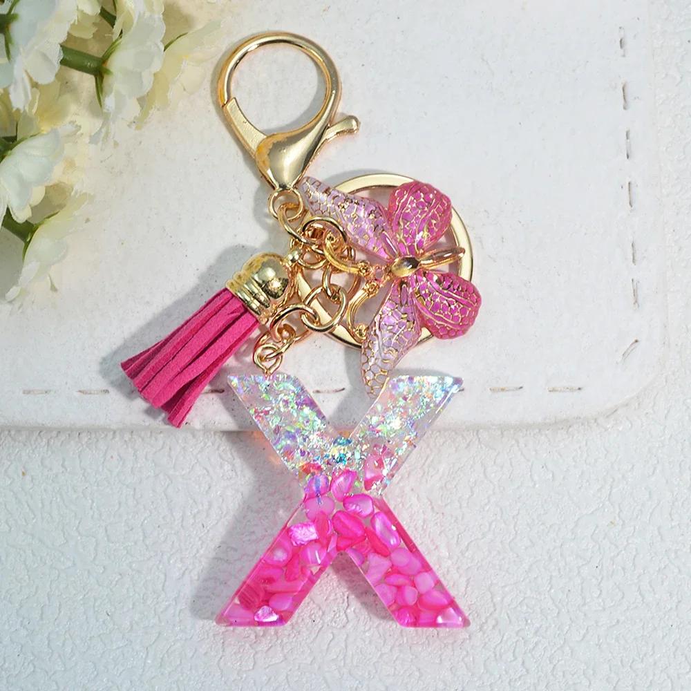 Gradient Pink Jewelry Letter Keyring Resin Letter Keychain with Fringe Butterfly DIY Bag Decoration Pendant Party Gift