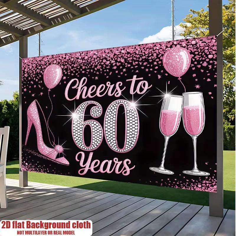 2D Pink Black 60th Birthday Backdrop, Women 60 Years Old Party Background