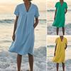 Summer Midi Dress for Women Casual Short Sleeve Flowy Sundress Loose Fit V-Neck Beach Vacation Outfits with Pockets