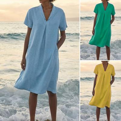 Robe Midi d'Été pour Femmes Décontractée Manches Courtes Fluide Robe d'Été Coupe Ample Col en V Tenues de Vacances à la Plage avec Poches
