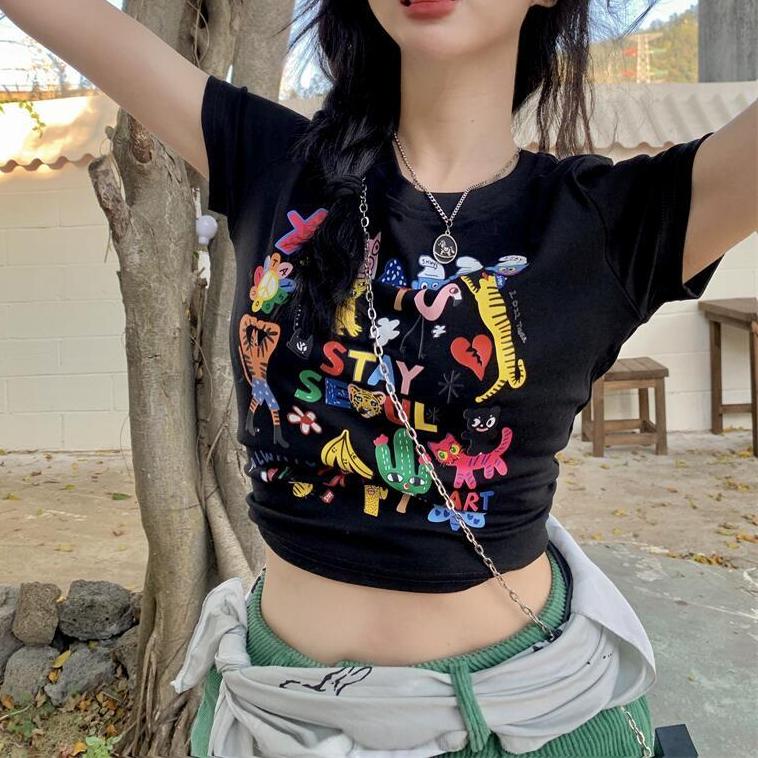 

Летняя винтажная черная футболка с забавным рисунком, женская футболка с круглым вырезом и коротким рукавом из чистого хлопка, повседневная эластичная облегающая укороченная футболка y2k, женская одежда XL чёрный
