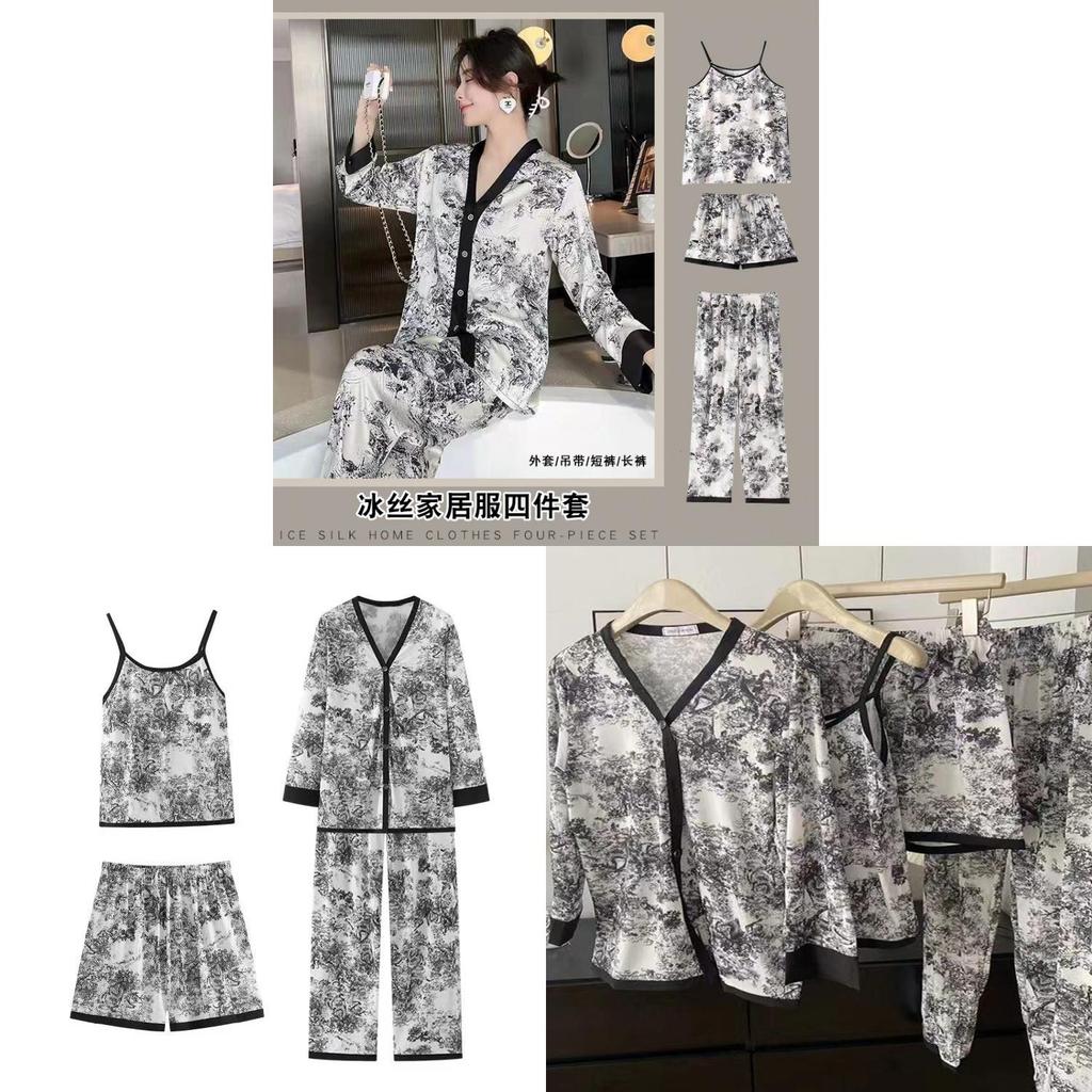 Chinese Ink Wash Watercolor Pajama Set With Long Sleeve Vneck For Women Home Sleepwear