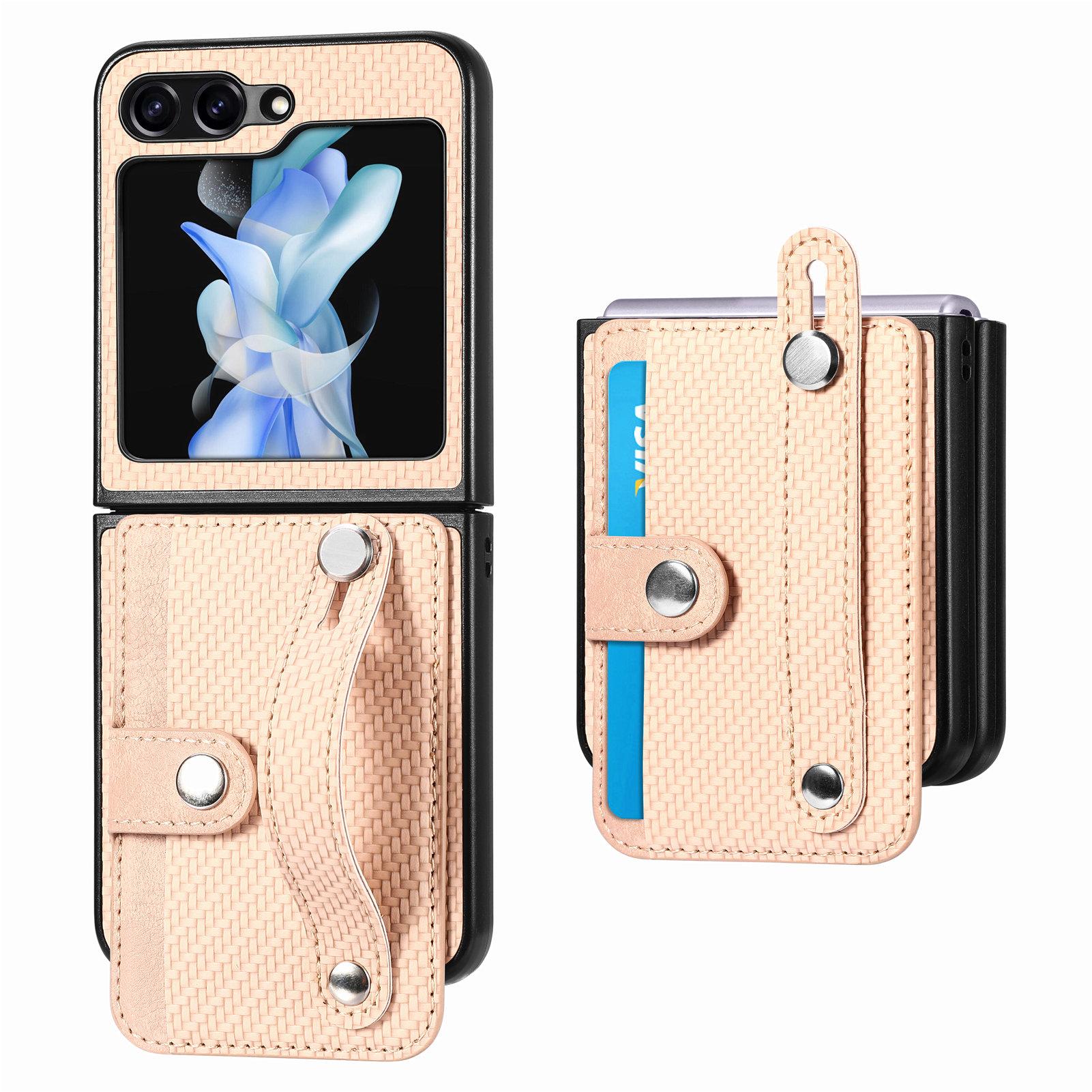 

Card Slot Phone Cover for Samsung Galaxy Z Flip5 5G Carbon Fiber Texture PU Leather PC Phone Case with Kickstand Khaki