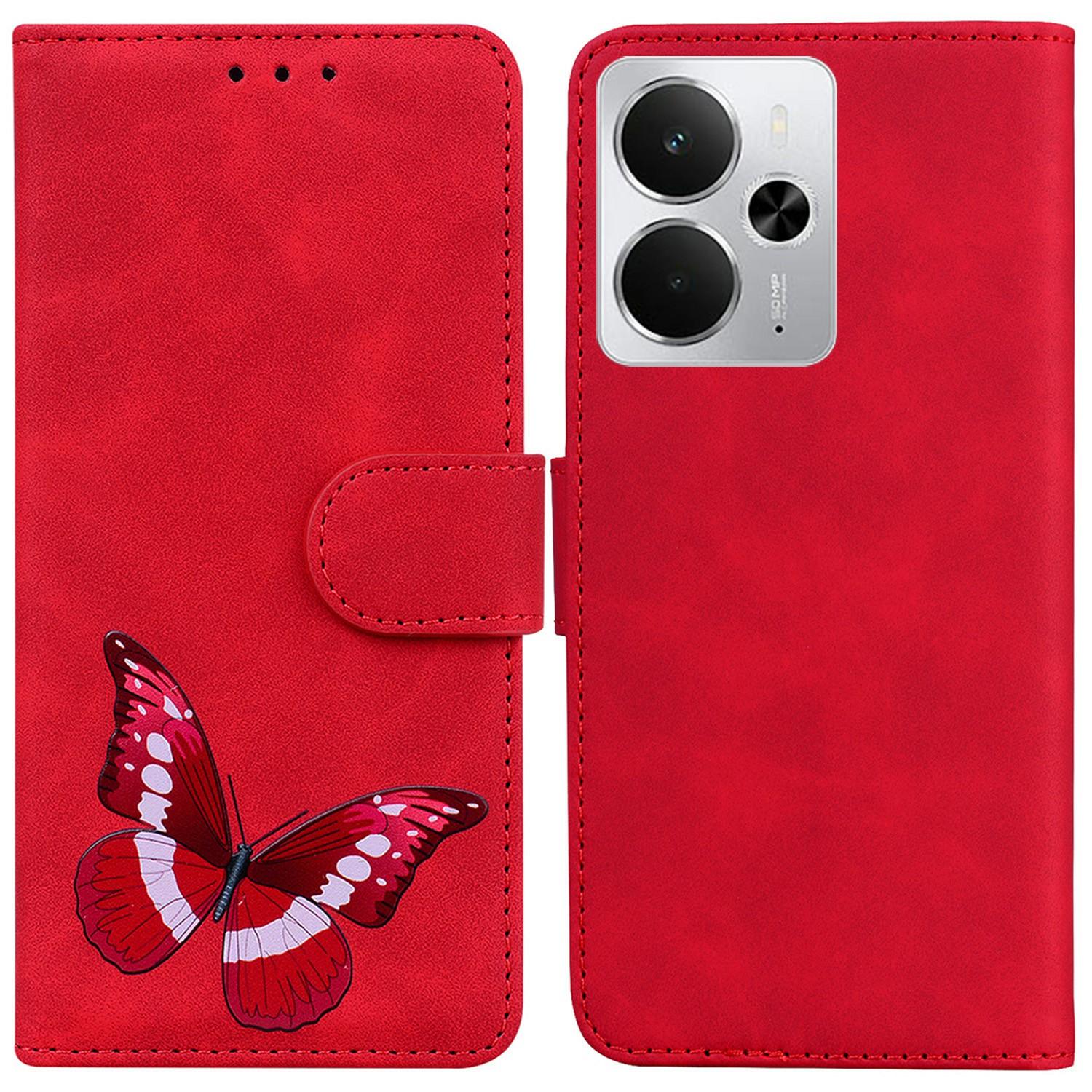 

For Realme 14 5G Stand Case PU Leather Phone Cover Butterfly Printed Red