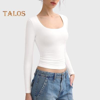 Women Bottoming Tops Scoop Neck Long Sleeve Slim Fit Pullover Tops Solid Color High Elastic Regular Fit Versatile Blouse