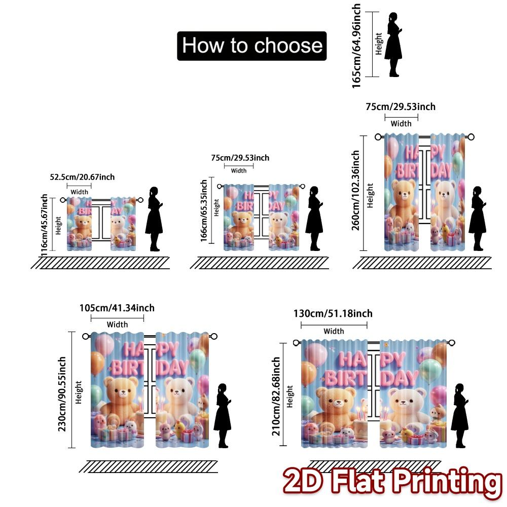 2pcs, 2D FLAT PRINTING Curtains (Without Rod) Birthday Bears Chic Contemporary Curtains Polyester Easy Install Curtains