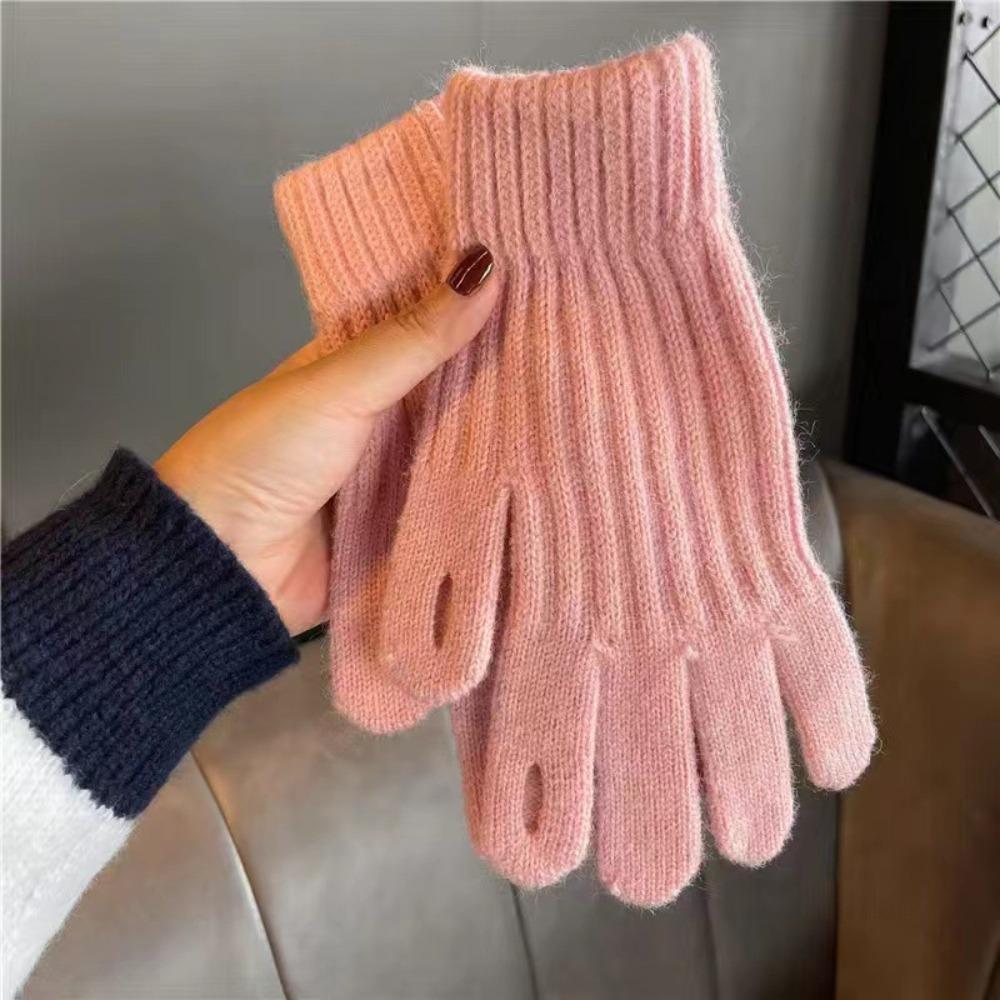 Windproof Full Finger Gloves Solid Color Cycling Mittens Winter Women's Knitted Gloves
