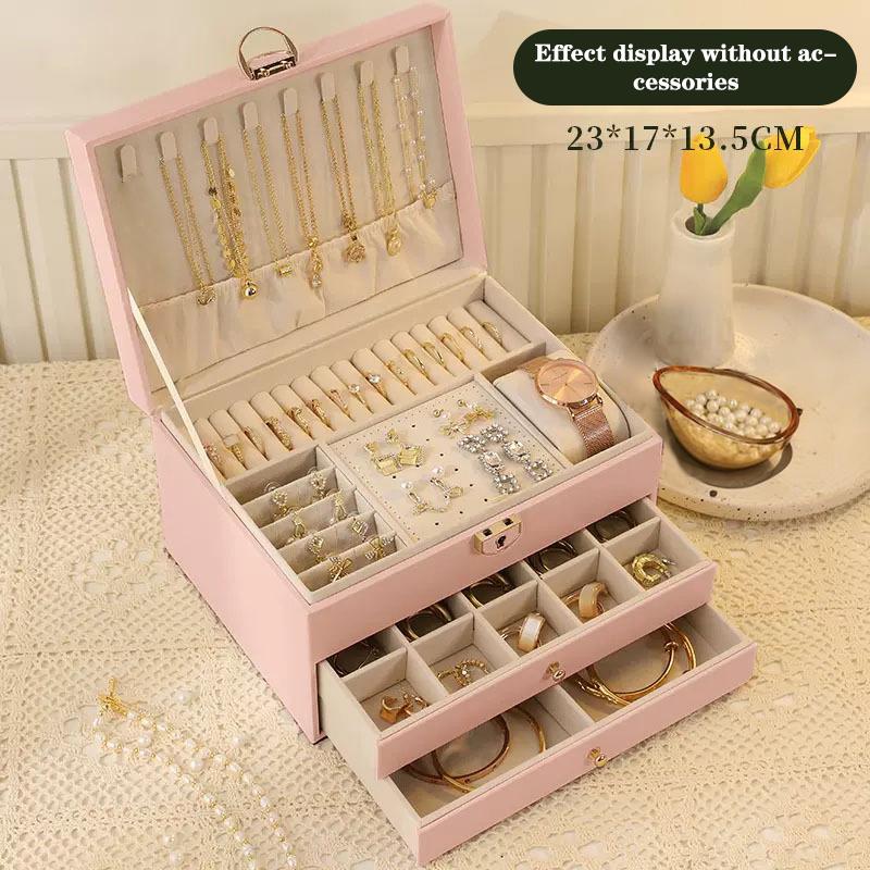 

Вместительные шкатулки для хранения ювелирных изделий из искусственной кожи, портативные дорожные органайзеры для ювелирных изделий, органайзеры для ожерелий, серег, колец розовый