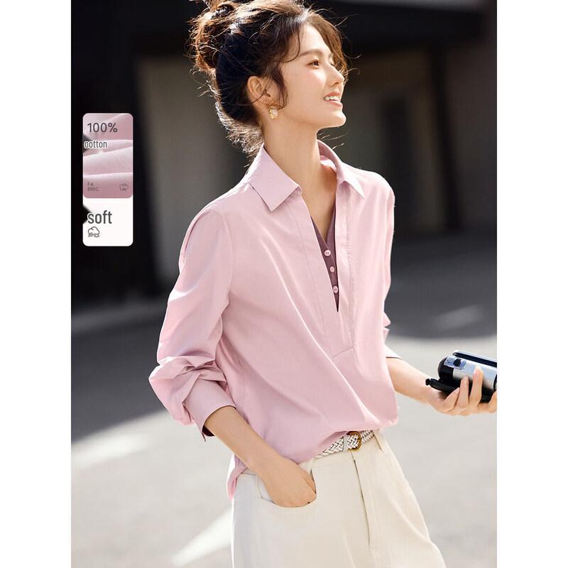 XWI Women s 100% Cotton Fake Two-Piece V-Neck Long Sleeve Blouse M