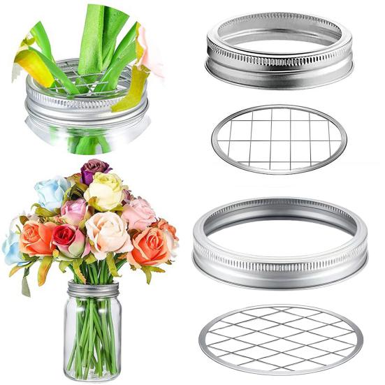 Metal Mason Jar Flower Lid Insert Wide Mouth Canning Jar Lid with Straw Hole Grid Organizer for Flowers Pens Toothbrushes