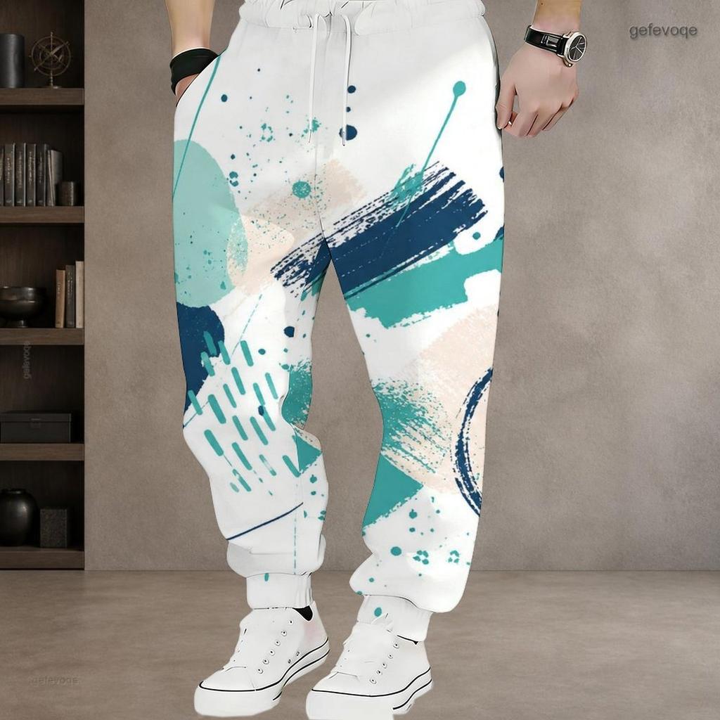 Men S Plus Size Abstract Leaf Geometric Printed Drawstring Waist Jogger Pants Side Pockets Cuffed Ankle