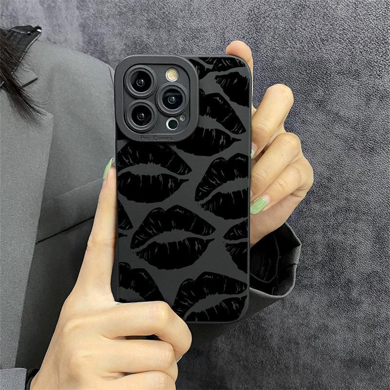 Luxury Gothic Style Black Lip Phone Case For iPhone 11 13 12 14 15 Pro Max Plus Cases Shockproof Soft Silicone Protective Cover