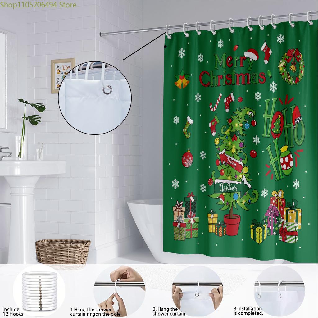 1pc Merry Christmas Green Printed Waterproof Shower Curtain with 12 Hooks, Available In Multiple Sizes and Machine Washable