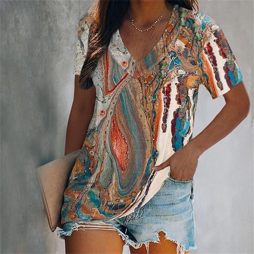 Fashion V-Neck Short Sleeve Colorful Tassels Print T-Shirts Summer Casual Elegant Women's Large Size T-Shirts