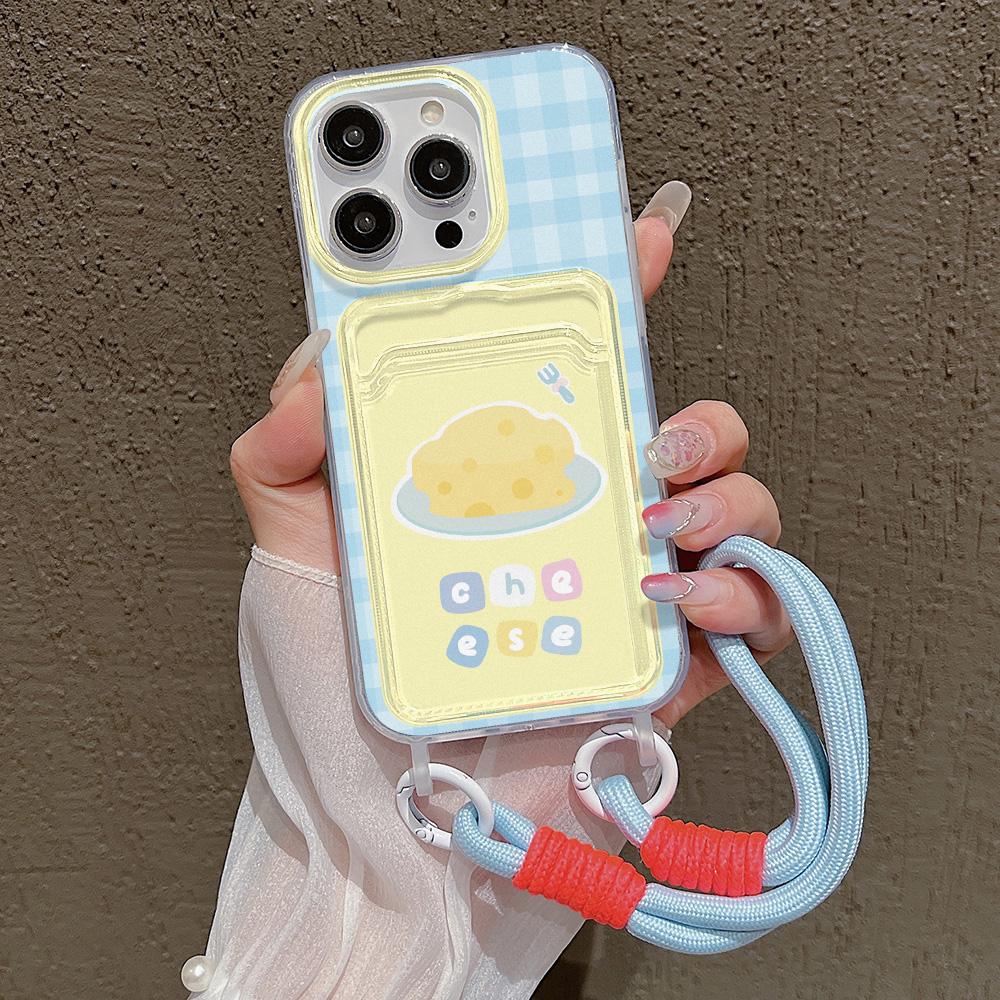 Cute Cheese Card Slot Bag Holder Phone Case For iPhone 15 16 Pro 13 11 12 14 Pro Max XR XS X 7 8 Plus SE  Lanyard Soft Cover