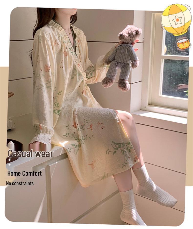 Women's Long Sleeve Kimono Pajama Dress - Sweet Chinese Pastoral Style for Spring & Autumn, Mid-Length, Loose Fit, Outdoor Wear