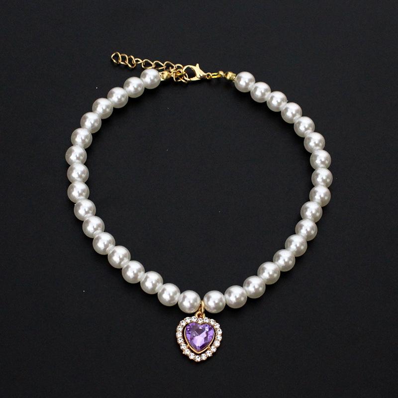 Fashion cat and dog pet pearl necklace accessory colorful love diamond pendant cat cat dog neck chain cute