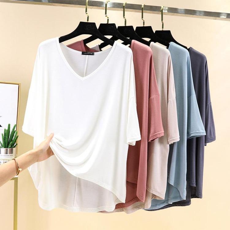Women Casual Comfortable Summer Loose Fit Large Size Modal V Neck T Shirt Half Sleeve High Low Hem Top
